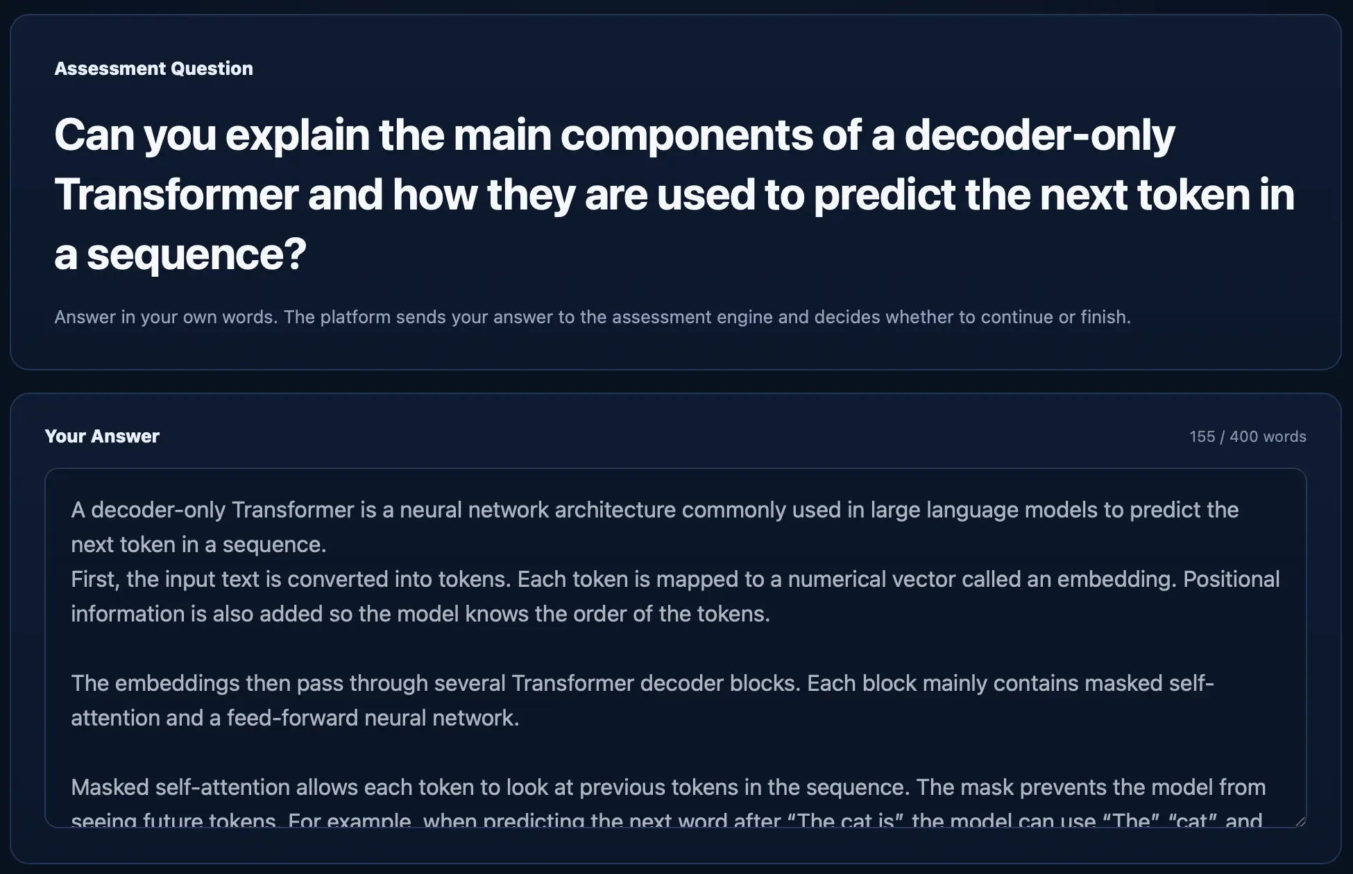 Algonique AI skill assessment showing a written answer to an in-depth machine learning question