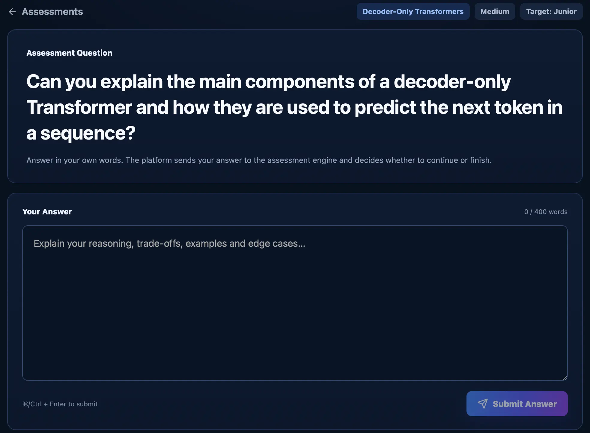 Algonique AI skill assessment showing an in-depth artificial intelligence and machine learning question