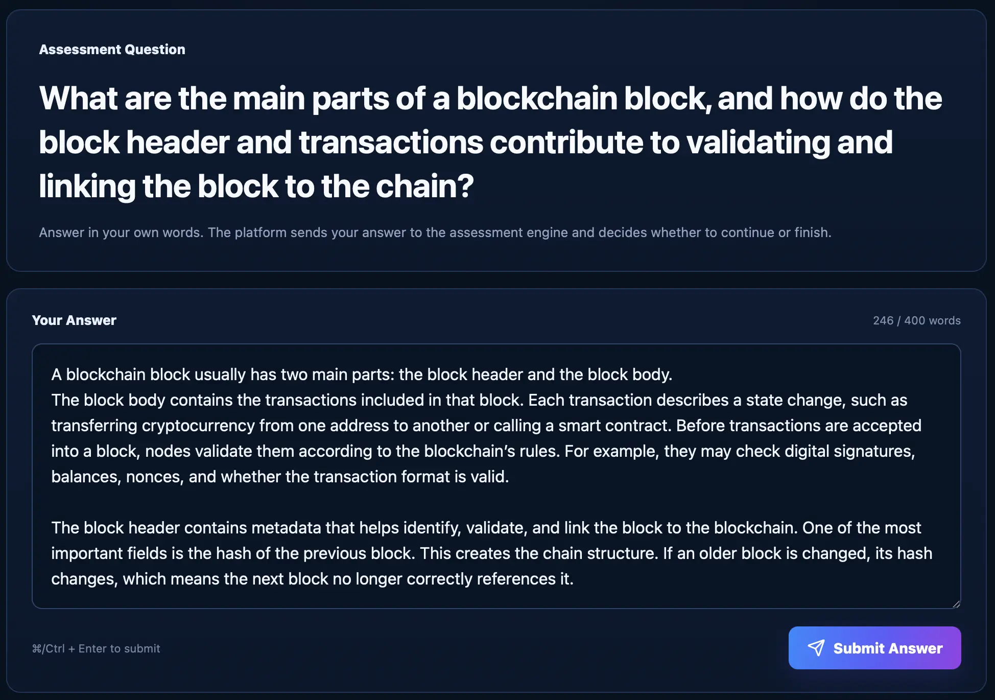 Algonique blockchain skill assessment showing a written answer to an in-depth blockchain question