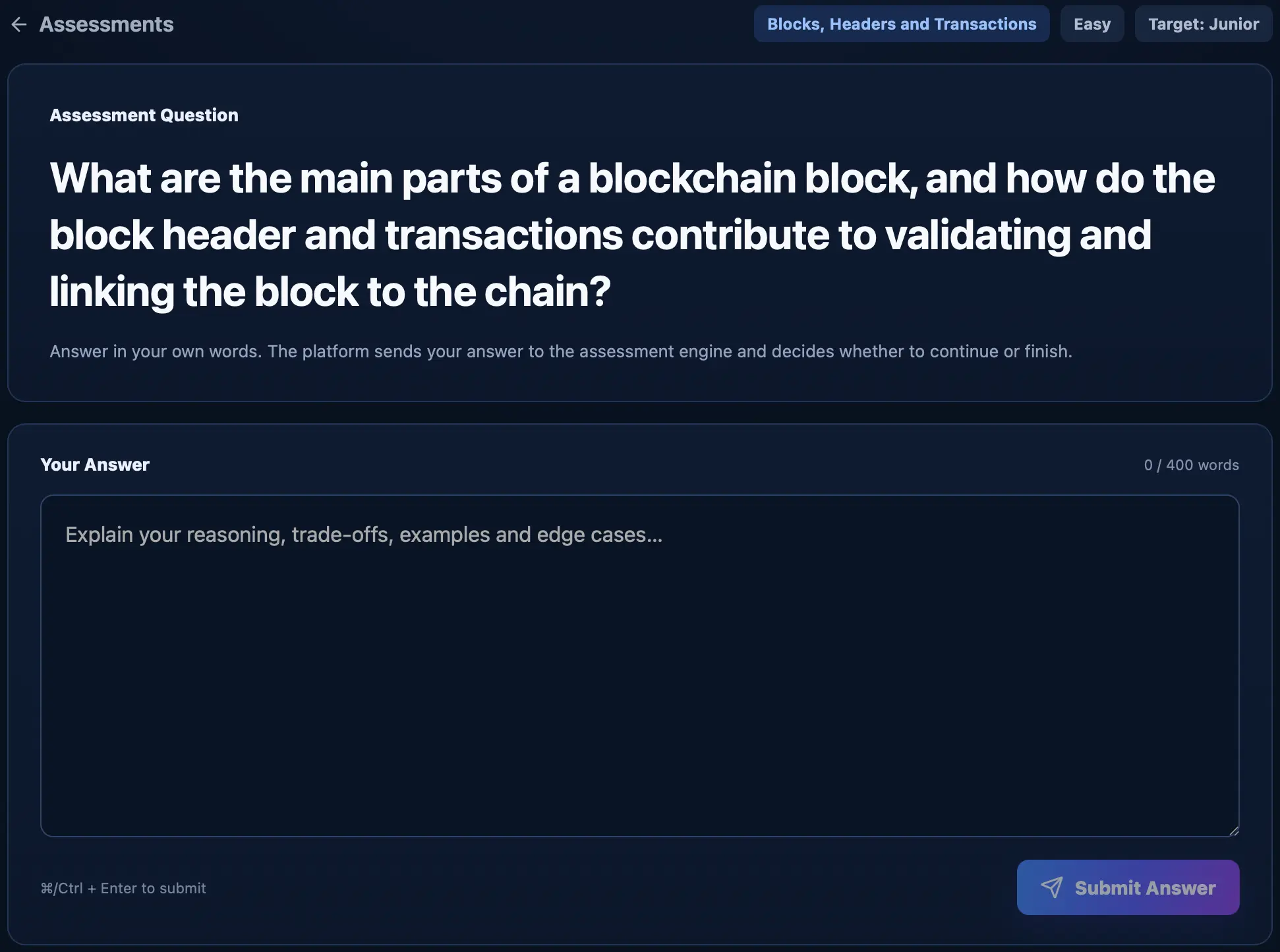 Algonique blockchain skill assessment showing an in-depth blockchain and cryptocurrency question