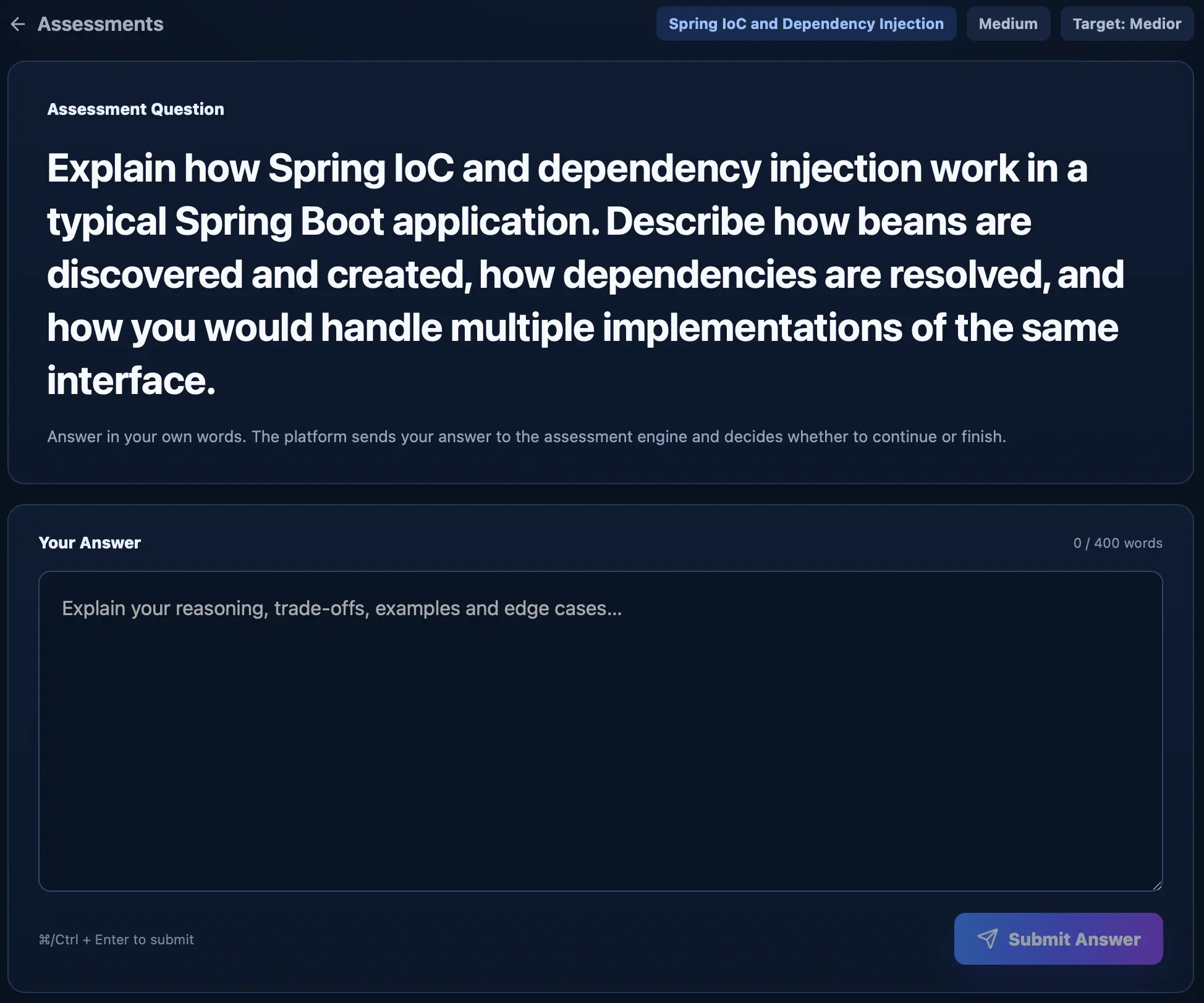 Algonique Java skill assessment showing an in-depth Spring Boot and dependency injection question