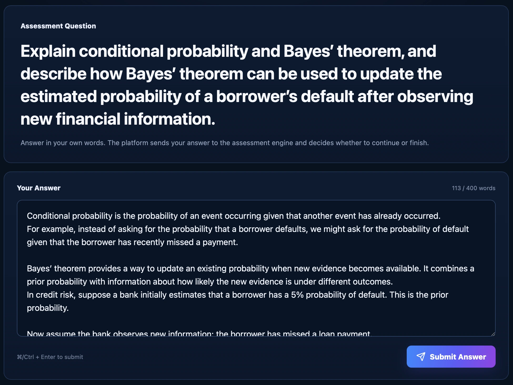 Algonique quantitative finance skill assessment showing a written answer to an in-depth pricing question