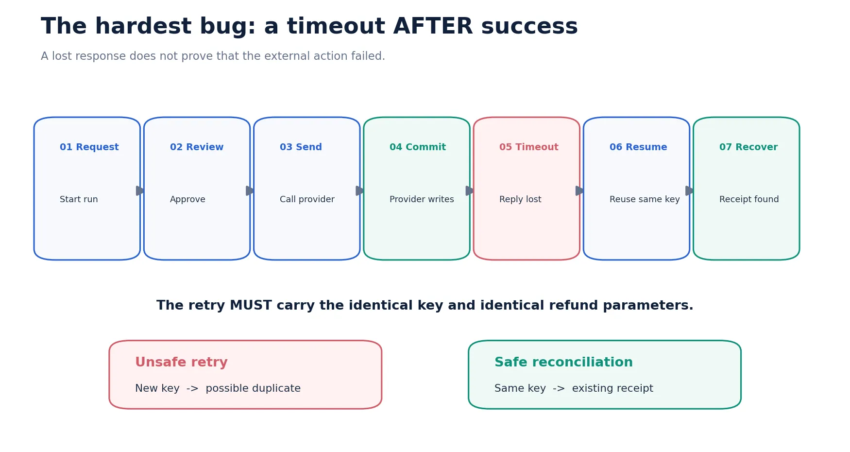 A timeout after the provider has committed, followed by an idempotent recovery using the same key.